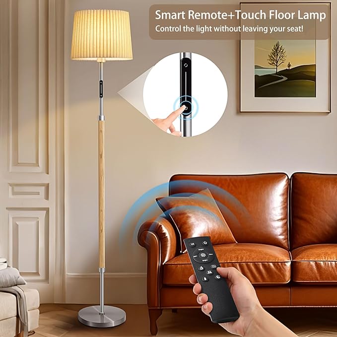 Floor Lamps for Living Room, 61" Natural Wood Floor Lamp with Remote & Touch Control, Stepless Dimmable, Modern Farmhouse Standing Lamp with Double-Layer Pleated Lampshade for Bedroom Office