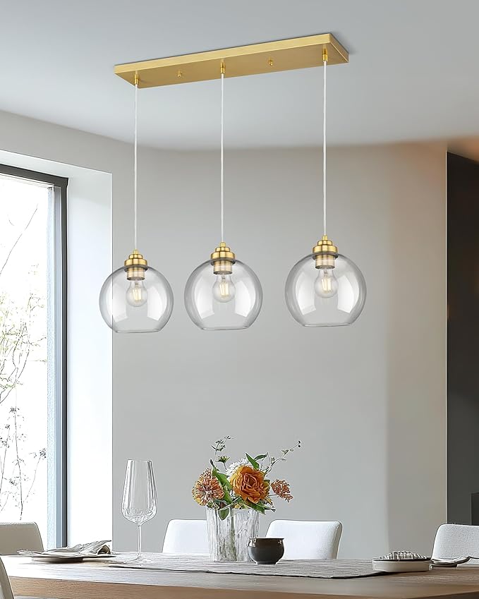 3-Light Gold Linear Chandelier, Globe Kitchen Island Lighting, Modern Pendant Light with Clear Glass for Dining Room Living Room Pool Table, ZCPL101BG-3S