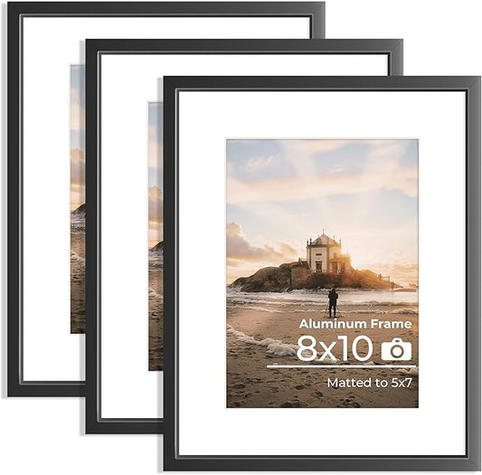 8x10 Picture Frame, High End Metal 8x10 Poster Frames with Mat 5x7 Photo, High Definition Plexiglass, 8 by 10 Durable Metal Frame for Wall or Tabletop Display, Set of 3,Black