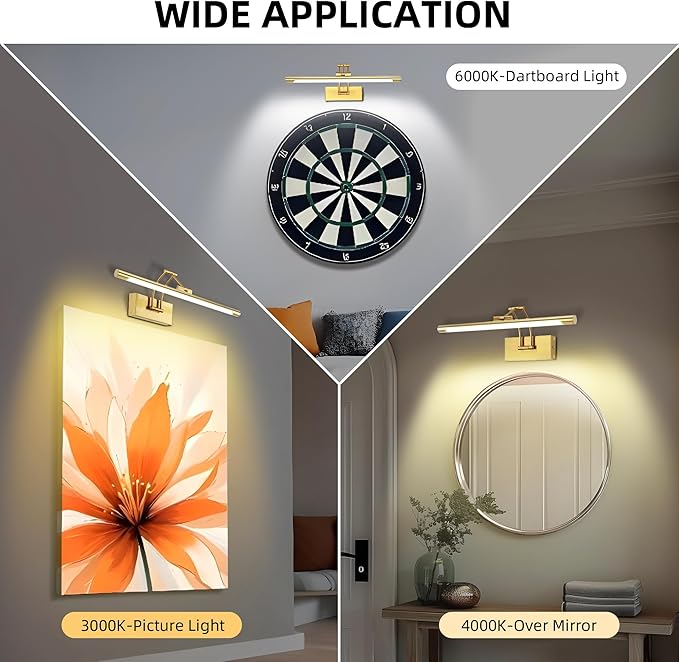 16“ Picture Lights for Wall Battery Operated, Wireless Picture Light with Remote, Rechargeable Wall Light 3000K/4000K/6000K Dimmable, Art Lighting for Paintings Frame Gallery Dartboard Light, Brass