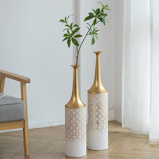 Sziqiqi White Floor Vases Tall Decoration - 23.4/26in Set of 2 Contemporary Floor Vase for Decor Living Room Rustic Flowers Vases Metal Plant Vase Home Farmhouse Vases for Pampas Grass Branches