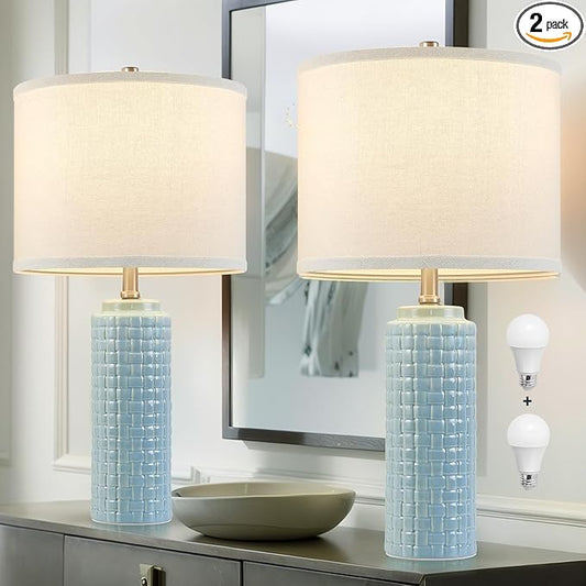 Luvkczc 24.8" Modern Ceramic Bedside Lamps Set of 2, 3 Color Temperature & Bulbs Included - Nightstand Lamps for Bedroom, Living Room, Office, Entryway Decor