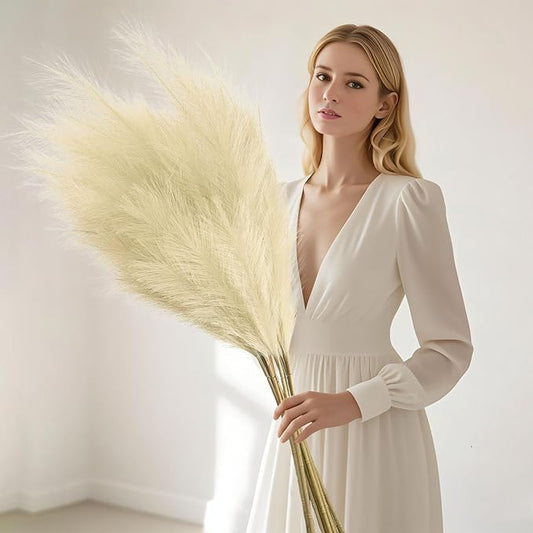 8 Pcs Yellow Tall Faux Pampas Grass Decor, 45 Inches Artificial Pampas Grass Bulk, Large Faux Pompas Dried Decor for Floor Vase Filler, Home Boho, Wedding Anniversaries, Baby Shower Decoration