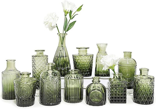 12pcs Glass Bud Vase Set, Small Green Flower Vases for Centerpieces in Bulk, Mini Vintage Vase for Wedding, Home,Table Decoration