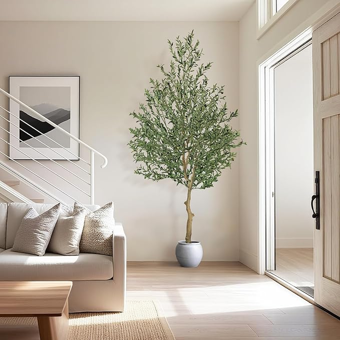 WILDLOVE 8ft Olive Trees Artificial Indoor, Natural Olive Branches and Realistic Leaves, Faux Olive Tree with Lifelike Fruits and Planter, Housewarming Gifts for Home Office Decor