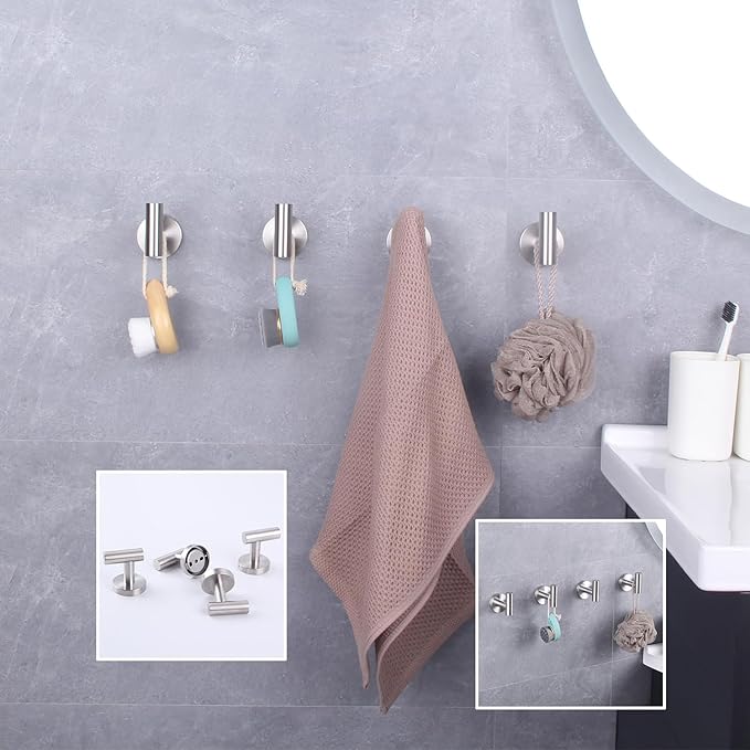 GERZWY Bath Towel Hook SUS 304 Stainless Steel Coat/Robe Clothes Hook for Bath Kitchen Modern Hotel Style Wall Mounted 4 Pack Brushed Finish AG1307B-LS