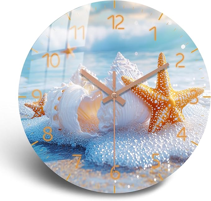 Coastal Wall Clock 12 inch Battery Operated Modern Wall-Clock Sea Star Pattern Clocks Analog Wooden Clock Non Ticking for Bedroom, Office Decor