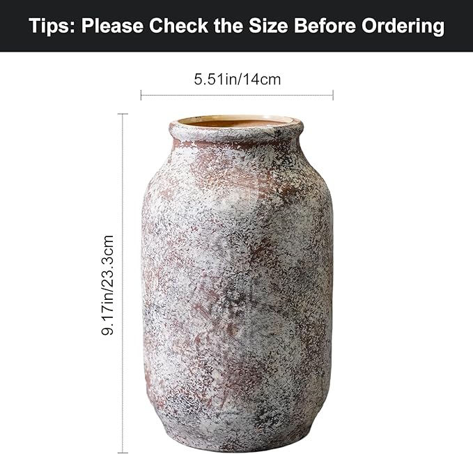 Ceramic Rustic Farmhouse Vase, Terracotta Pottery Flower Vase, Farmhouse Decor for Shelf, Table, Living Room, Bedroom Decor, 9 Inch
