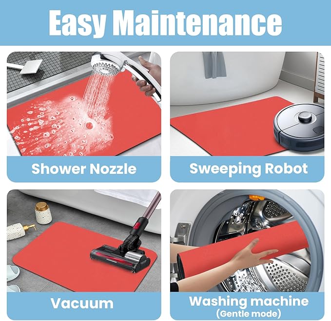 Large Bathroom Rugs Diatomaceous Earth Bath mat Super Absorbent Quick Dry Non Slip Bath Mat Thin Bathroom Floor Mats Fit Under Door-Shower Rug for in Front of Bathtub Shower, Red, 19.6"x31.5"