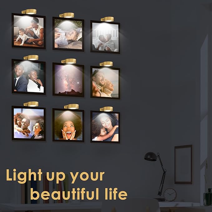 3-Pack Picture Light Battery Operated, Magnetic Led Lights with Remote, Dimmable and Timer Painting Light, Art Display Light for Picture Frame Artworking Portrait, Home Wall Decor Puck Lights, Gold