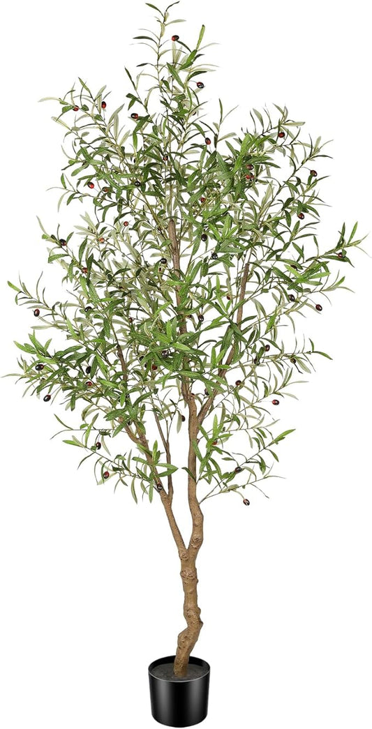 7ft Faux Olive Tree - Fake Potted Olive Silk Tree with Planter Natural Olive Branches and Realistic Leaves Artificial Tree for Home House Office Decor Indoor