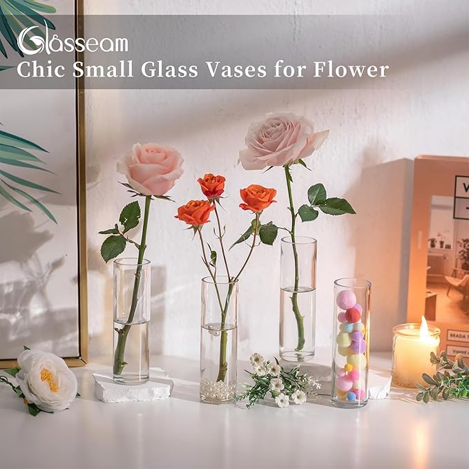 Small Cylinder Glass Vases for Centerpieces: Glasseam Clear Vase Set of 12 Modern Centerpiece Vases for Table Wedding Home Party Decor 5.9In Bud Vase for Flowers Single Stem Roses Tulips