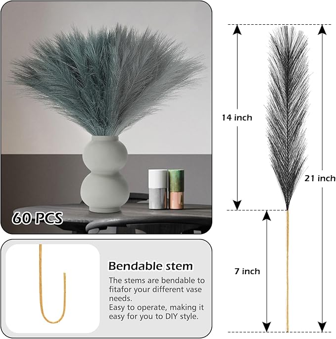 60 Pcs Pampas Grass Light Grey and Dark Grey Decor 21.7" Fluffy Faux Short Pampas Grass Artificial Small Pompas Grass Flower Vase Filler for Home Wedding Decoration