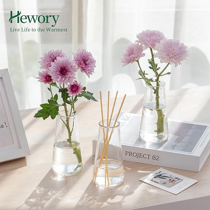 Hewory Glass Bud Vases for Centerpieces: Small Clear Modern Flower Vase Set of 12, Minimalist Cute Mini Decorative Bulk Vases for Wedding Birthday Bridal Shower Party Events Dining Room Table Decor