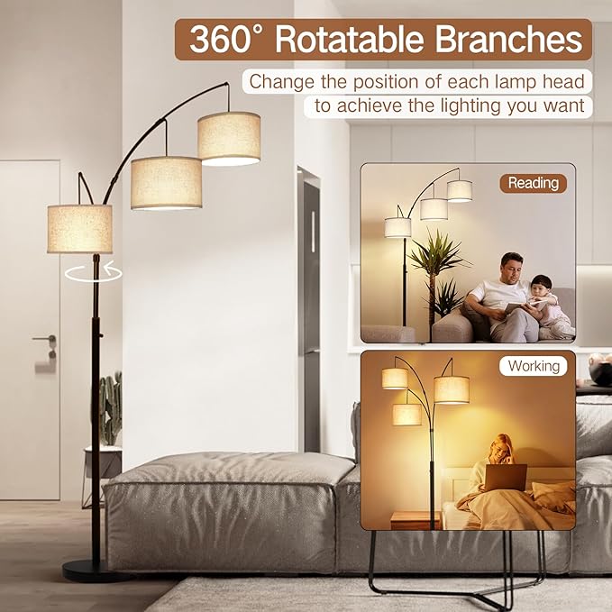 OUTON Arc Led Floor Lamp, Modern 3 Light Arched Tall Floor Lamps for Living Room, Mid Century Adjustable Standing Corner Lamps for Bedroom Office, 3 LED Bulbs Included, Beige Lampshade