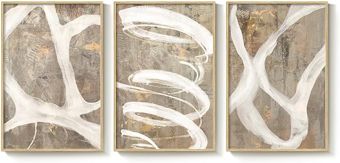 Framed Neutral Brown and Beige Abstract Wall Art for Living Room, 3 Piece Modern Canvas Prints Artwork for Walls, Minimalist Lines for Hallway Kitchen Room Bedroom Office Wall Decor 16x24 Inch