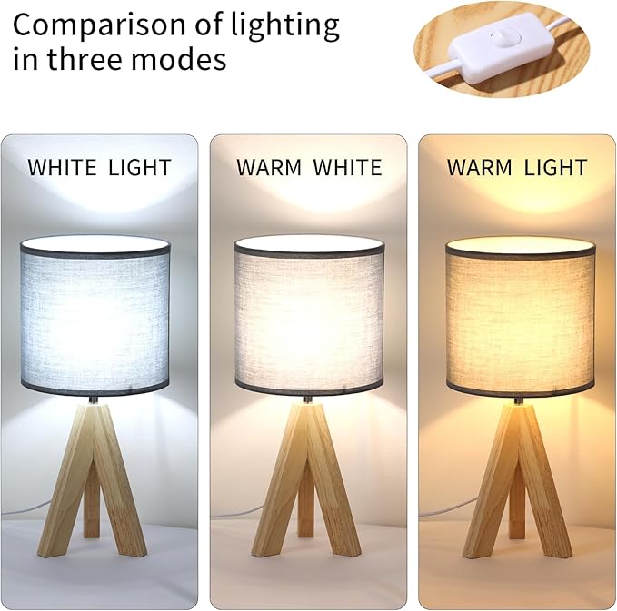 Table Lamp,Small Tripod Desk Lamp with Linen Fabric Lampshade,14.9",Tri-Color 5W Wooden Table Lamp for Living Room,Kids Room,Nursery (Grey)