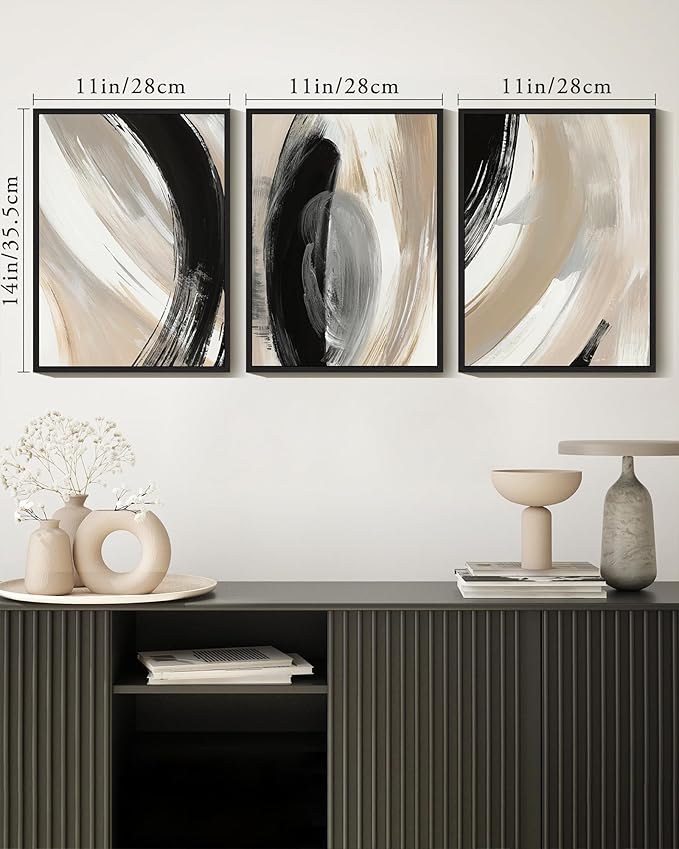 KUVIOKE Modern Abstract Framed Wall Art Black Neutral Minimalist Ink and Wash Graffiti Pastel Wall Decor for Bedroom Living Room 11x14in (Black Framed)