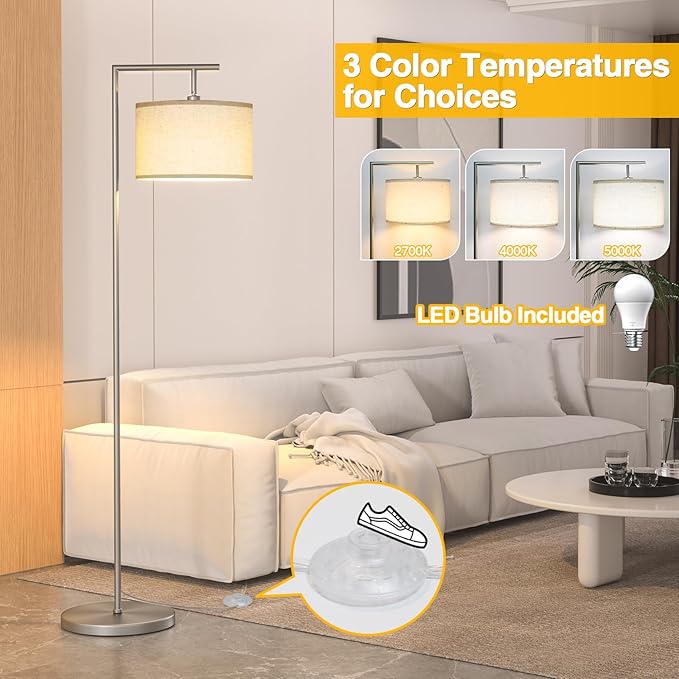 Floor Lamp for Living Room with 3 Color Temperatures Standing Lamp with Adjustable Beige Linen Lampshade Tall Lamps for Bedroom Office Classroom Dorm Room, 9W LED Bulb Included, Silver