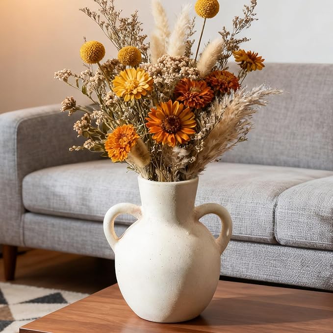 Rustic Ceramic Farmhouse Flower Vase with 2 Handles, Whitewashed Terra Cotta Vase, Decorative Pottery Flower for Home Decor, Table, Living Room, Shelf Decor, 7.3 Inch, White