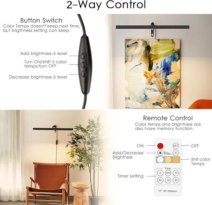 Black LED Picture Lights for Paintings Plug in,15.75 Inch Adjustable Art Light Plug in for Display Art Work, 3 Color Lighting, Plug in Picture Light with Remote for Frame Dartboard,Black