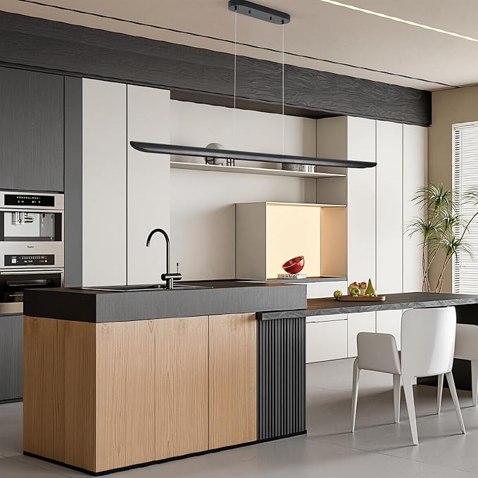 71" Wood Linear Pendant Light,Dimmable Kitchen Island Lighting with Remote,40W LED Island Lights for Kitchen,Adjustable Linear Chandelier for Dinning Room Light Fixture,Bar,Pool Table Light Black