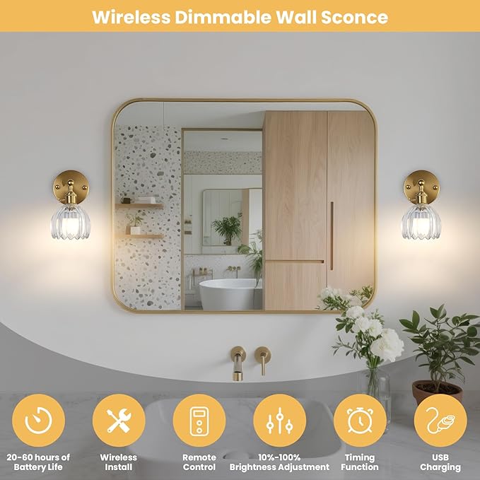 Battery Operated Wall Sconce Set of 2 with Translucent Floral Glass Shade Vintage Wireless Wall Light with Remote Control for, Living Room, Bedroom, Dressing Table Timer/Memory Function/Dimmer