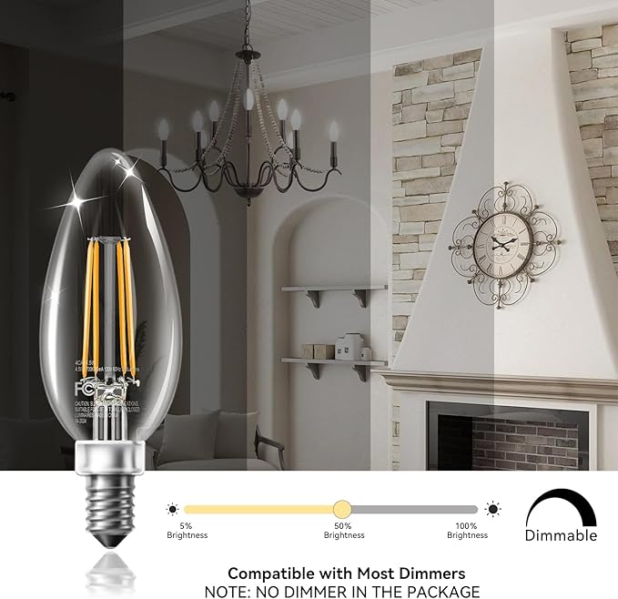 TJOY LED Candelabra Bulbs Dimmable, 60W Equivalent Chandelier Light Bulb, E12 Small Base, 4.5W 2700K Soft Warm White, B11 Vintage Filament Clear Glass Candle Light for Ceiling Fan Chandeliers, 24Pack