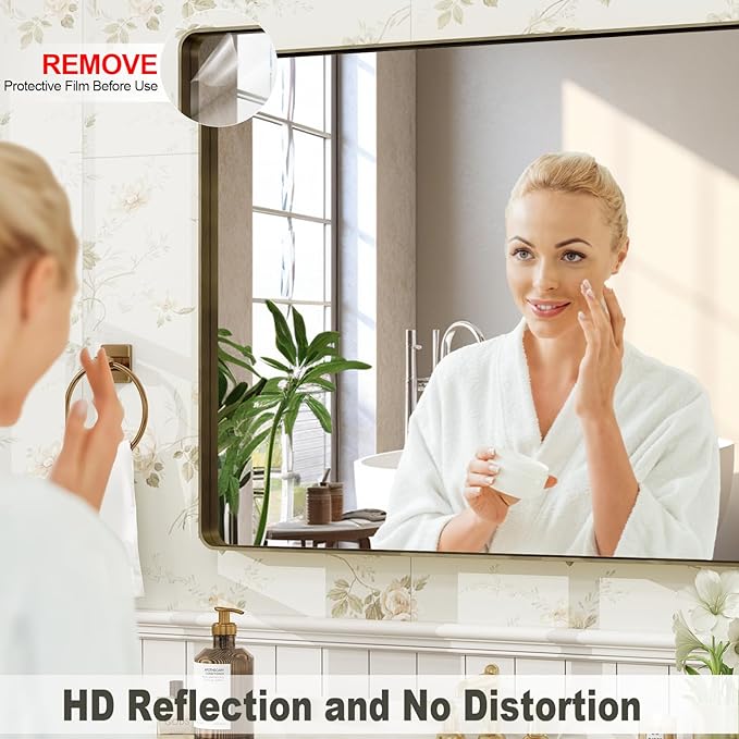 24x32 Inch Bronze Framed Bathroom Mirror, Brushed Bronze Metal Vanity Mirror, Bronze Rectangle Wall Mirror, Rounded Corner, Tempered Glass, Anti-Rust, Shatterproof (Horizontal/Vertical)