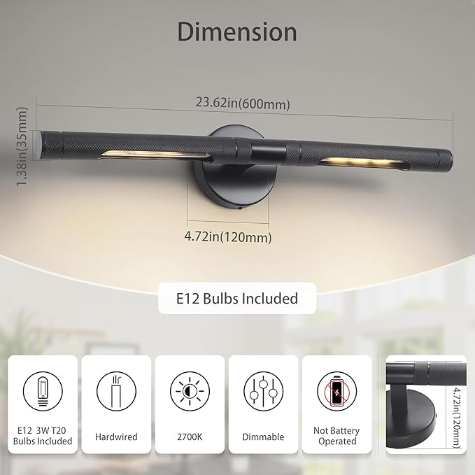 Hardwired Black Picture Light,23.6in Knurled Wall Lights for Pictures,Rotatable 360° Picture Frame Light Modern Gallery Light for Living Room Bathroom Study Room Hallway E12 Bulbs Included