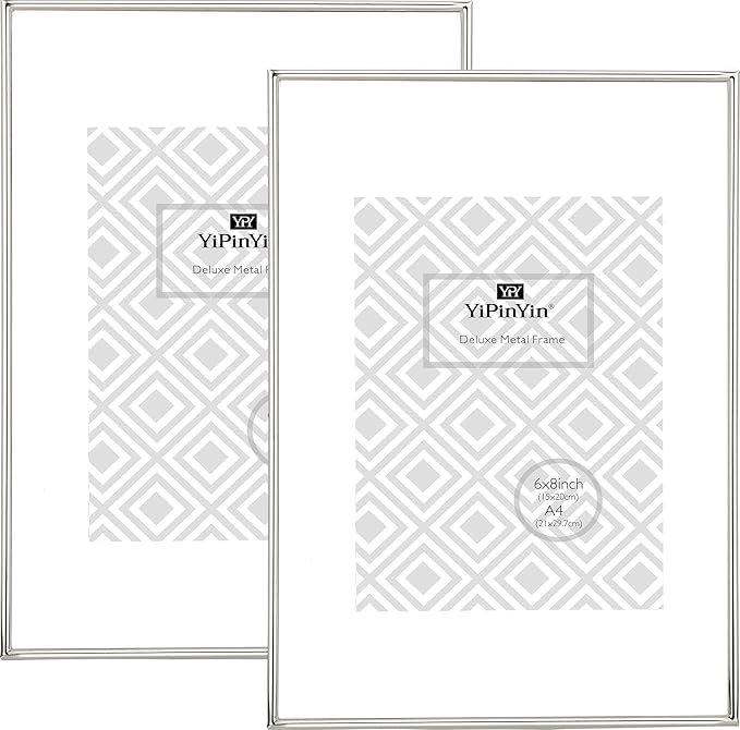 A4(21x29.7cm) Silver Metal Picture Frame with Mat for 6x8'' Set of 2, 8.3 x11.7'' Narrow Silver Plated Photo Frames With Soft Touch Velvet Backing for Desktop and Wall Décor