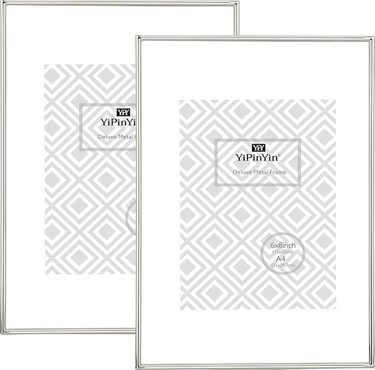 A4(21x29.7cm) Silver Metal Picture Frame with Mat for 6x8'' Set of 2, 8.3 x11.7'' Narrow Silver Plated Photo Frames With Soft Touch Velvet Backing for Desktop and Wall Décor