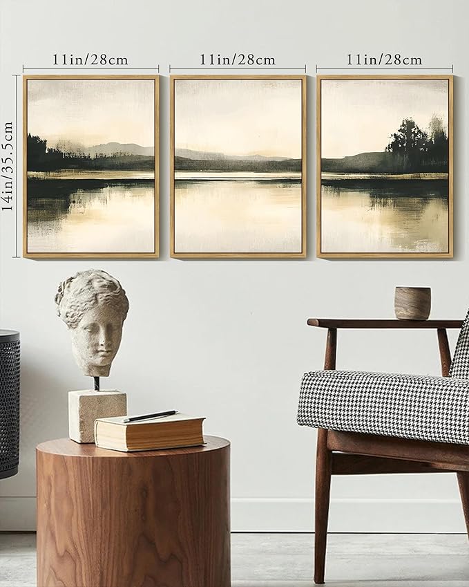 KUVIOKE Watercolor Abstract Mountain Lake Framed Wall Art Brown Landscape Nature Wilderness Painting Nordic Neutral Tan Illustration Decorative Home Decor 11x14in (Natural Framed)