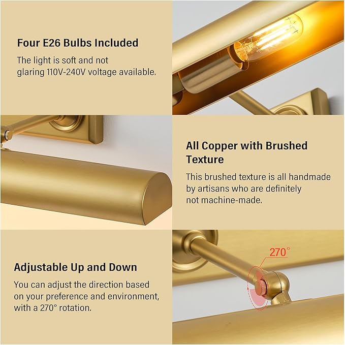 30" Brass Picture Light for Wall, Thickened Copper Gallery Library Painting Art Lights with 4 Bulb, Indoor Hardwired Wall Sconce Light for Poster Frame, Staircase, Hallway, Vanity Bedroom
