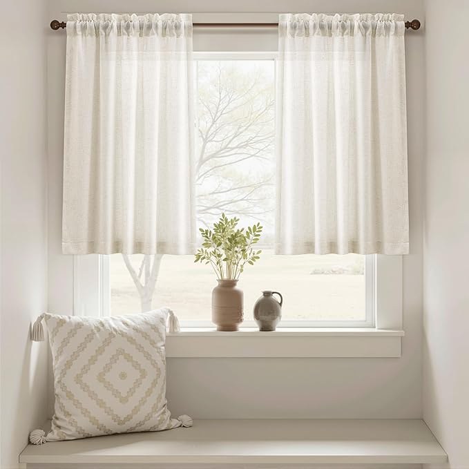 Guken Linen Kitchen Curtains 30 Inch Length 2 Panels Set,Rod Pocket Boho Farmhouse Curtians for Small Windows Light Filtering Semi Sheer Cafe Basement Front Door, 36" Wx30 L Natural