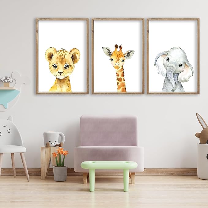 Baby Safari Nursery Wall Art Decor 11x16 Inch Set of 3 Wood Framed Cute Animal Giraffe Elephant Lion Prints Sign Kids Boys Girls Room Bedroom Jungle Animal Pictures Wall Hanging (Wood)