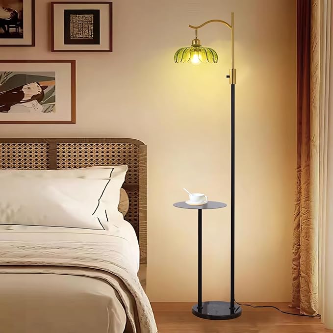 Vintage Dimmable Arc Floor Lamp with Side Table and Marble Base, Farmhouse Standing lamp with Green Glass Lampshades for Living Room Bedroom