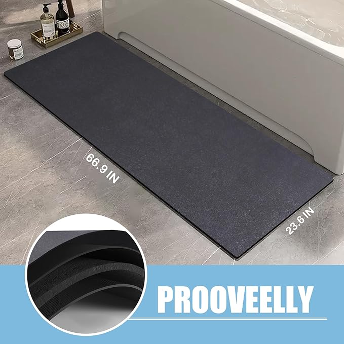 Extra Long Bathroom Rugs Diatomaceous Earth Bath mat Super Absorbent Quick Dry Non Slip Bath Mat Thin Runner Rug Fit Under Door-Shower Rug for in Front of Bathtub Shower, Dark Grey, 23.6"x66.9"
