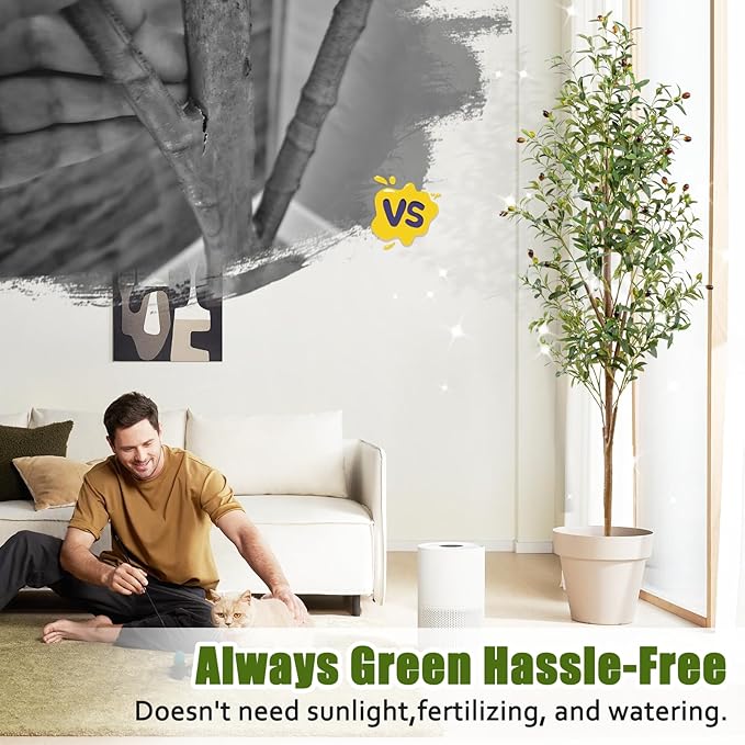 6FT Artificial Olive Tree Indoor, Tall Faux Olive Tree with Pot&Basket, Large Fake Olive Tree with Realistic 1080 Silk Leaves and 60 Fruits for Living Room Home Office Decor