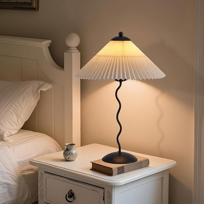 Pleated Table Lamp, S Tube Modern Table Lamp for Bedroom, Bedside Lamps with Organic Textured Linen Lampshade for Nightstand Bedroom Home Office Decor, Black