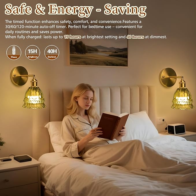 Battery Operated Wall Sconce with Remote Control,Vintage Wall Lamp with Flower lampshade,Rechargeable Battery Powered Wall Lights with 15 Colors for Beside Bedroom Living Room Doorway,Lily Green