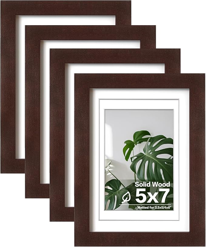 Egofine 5x7 Picture Frames Made of Solid Wood with Plexiglass, Display Pictures 3.5x5/4x6 with Mat or 5x7 Without Mat Set of 4 for Tabletop and Wall Mounting, Walnut Color