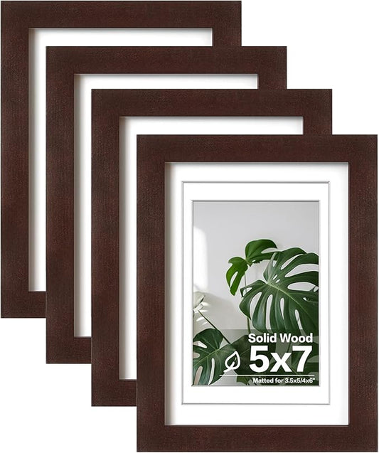 Egofine 5x7 Picture Frames Made of Solid Wood with Plexiglass, Display Pictures 3.5x5/4x6 with Mat or 5x7 Without Mat Set of 4 for Tabletop and Wall Mounting, Walnut Color