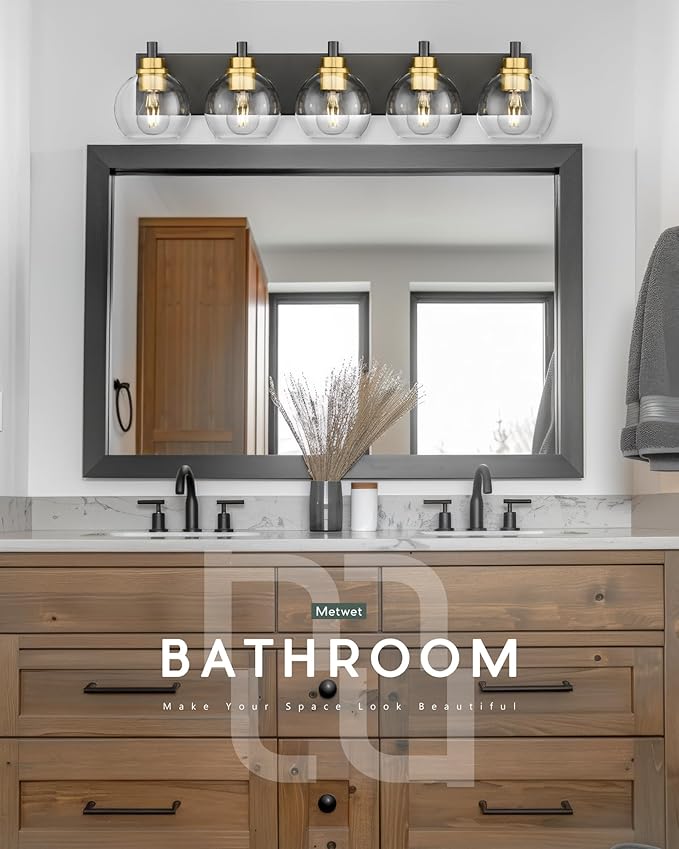 Bathroom Light Fixtures, 5-Light Black and Gold Bathroom Vanity Light, 32 Inch Modern Wall Sconces with Globe Clear Glass Shade, Vanity Lighting Fixtures Over Mirror, VL195-KG-5