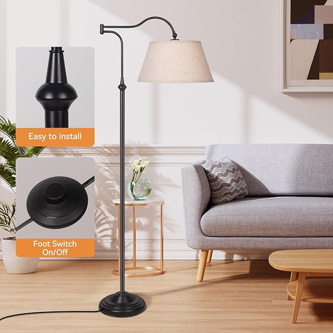 Cantilever Floor Lamp, Standing Chandelier Floor Lamp with 180° Adjustable Swing Arm, Modern Floor Lamps with Linen Shade,Classic Lamp for Living Room Office Bedroom Reading(Black)