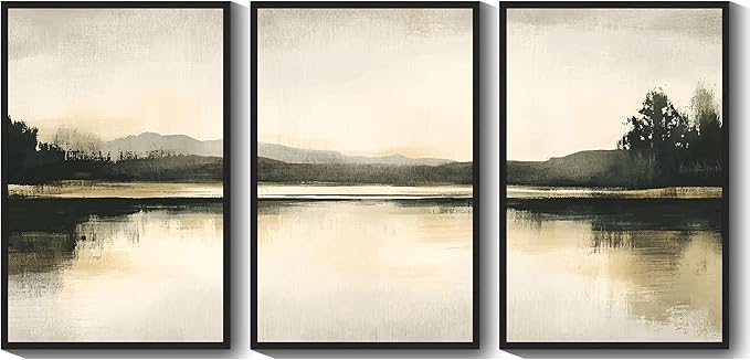 KUVIOKE Watercolor Abstract Mountain Lake Framed Wall Art Brown Landscape Nature Wilderness Painting Nordic Neutral Tan Illustration Decorative Home Decor 24x36in (Black Framed)