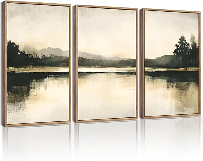 KUVIOKE Watercolor Abstract Mountain Lake Framed Wall Art Brown Landscape Nature Wilderness Painting Nordic Neutral Tan Illustration Decorative Home Decor 12x16in (Natural Framed)
