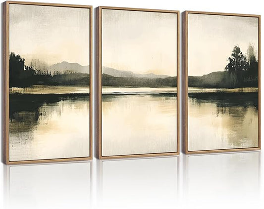 KUVIOKE Watercolor Abstract Mountain Lake Framed Wall Art Brown Landscape Nature Wilderness Painting Nordic Neutral Tan Illustration Decorative Home Decor 12x16in (Natural Framed)