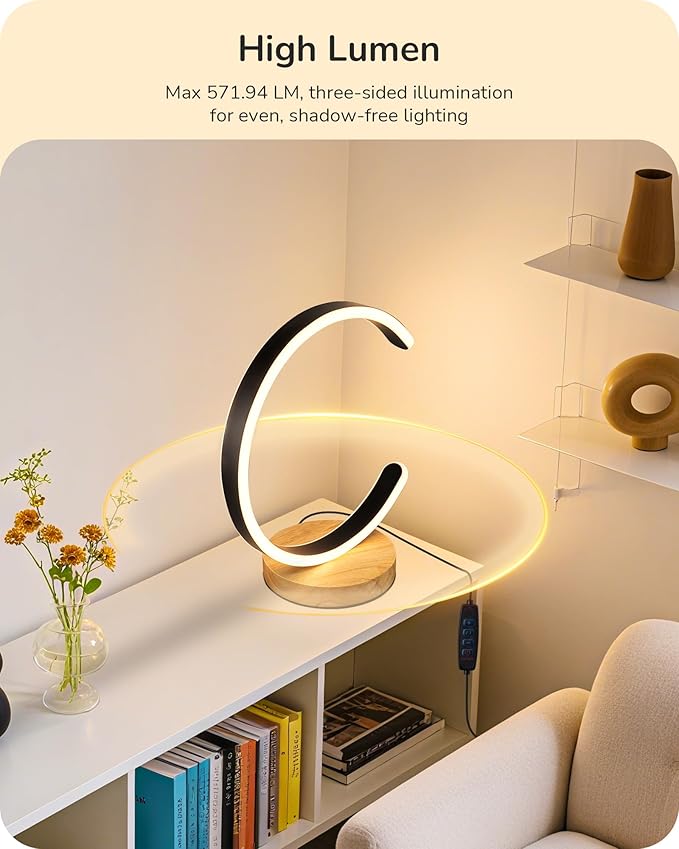EDISHINE Modern LED Table Lamp, C-Shaped Bedside Lamp with 3 Color Temperature & Dimming, Upgraded Switch, Silicone Lampshade & Solid Wood Base, Nightstand Lamp for Living Room, Bedroom, Black