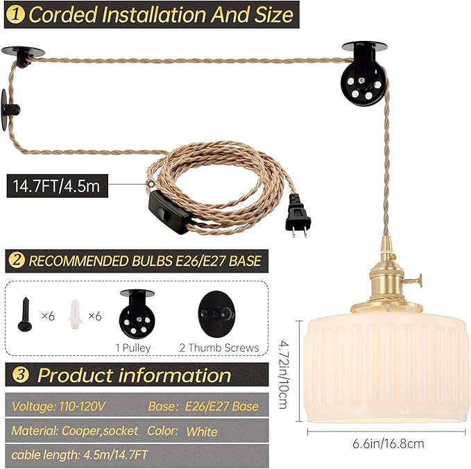 Plug in Pendant Light Hanging Light Fixture Corded On/Off Switch Brass Pendant Light with White Striped Glass Lampshade for Bedroom Living Room Kitchen Island